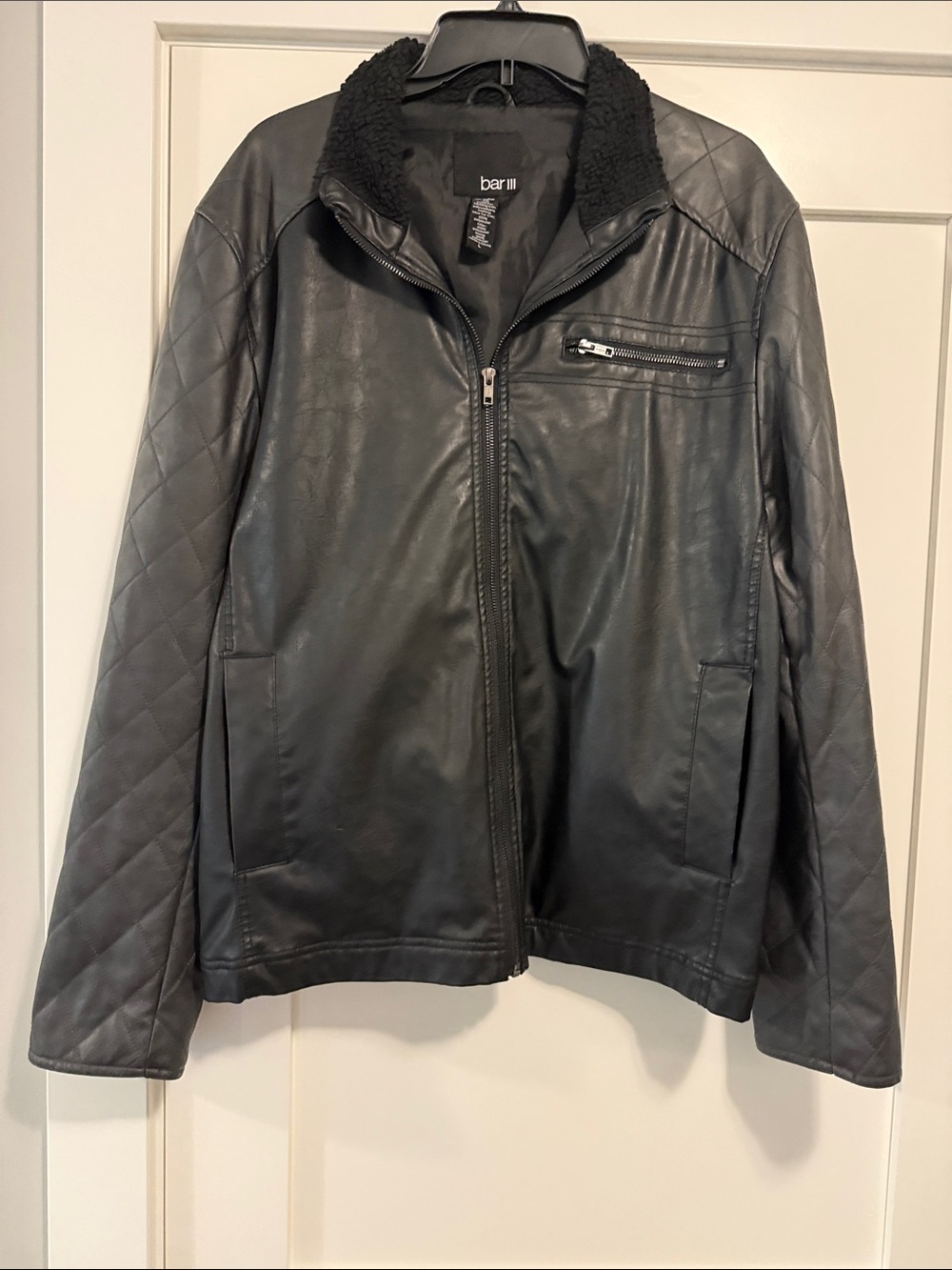Bar III Black Faux Leather Bomber Jacket with Sherpa Collar